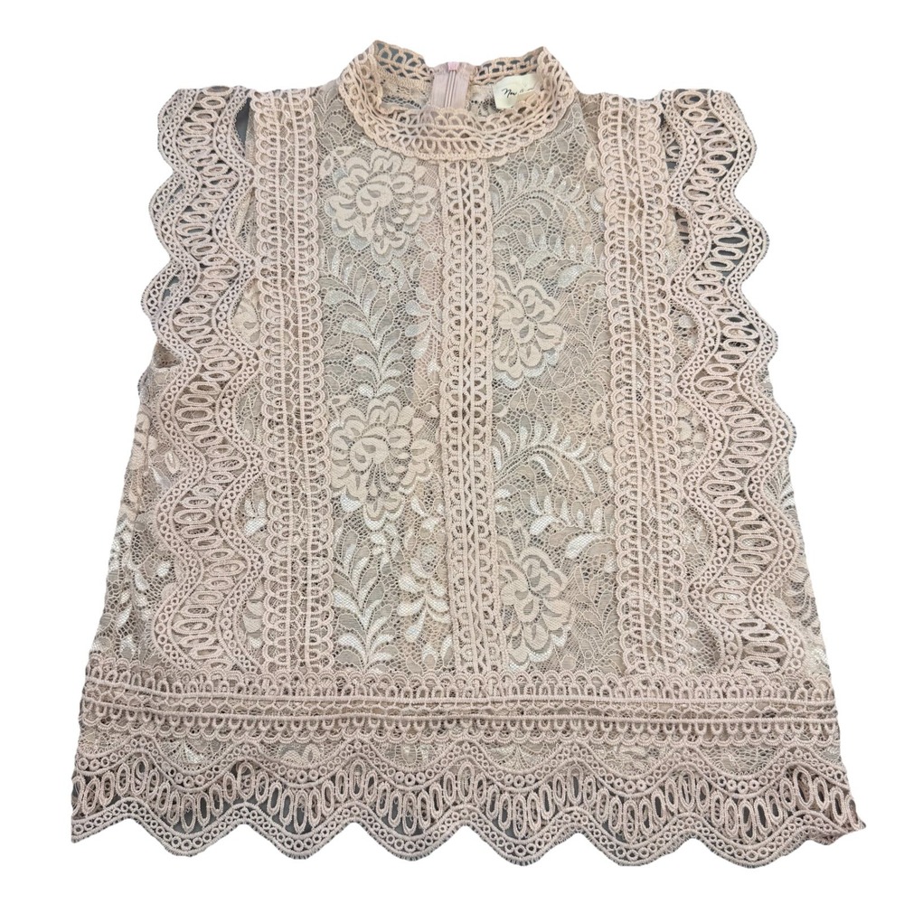 New & Next Women's Elegant Beige Scalloped Lace Sleeveless Blouse Size S